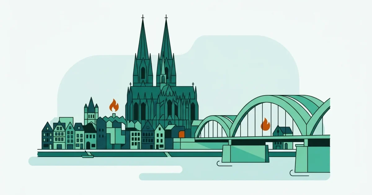 Illustration des Kölner Doms mit Rheinbrücke und Altstadthäusern als Symbol für den Gasvergleich in Köln