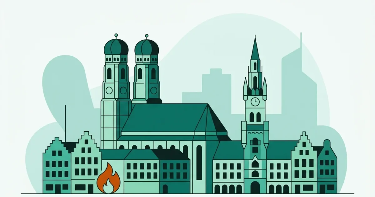 Illustration der Münchner Frauenkirche mit Rathausturm als Symbol für den Gasvergleich in München