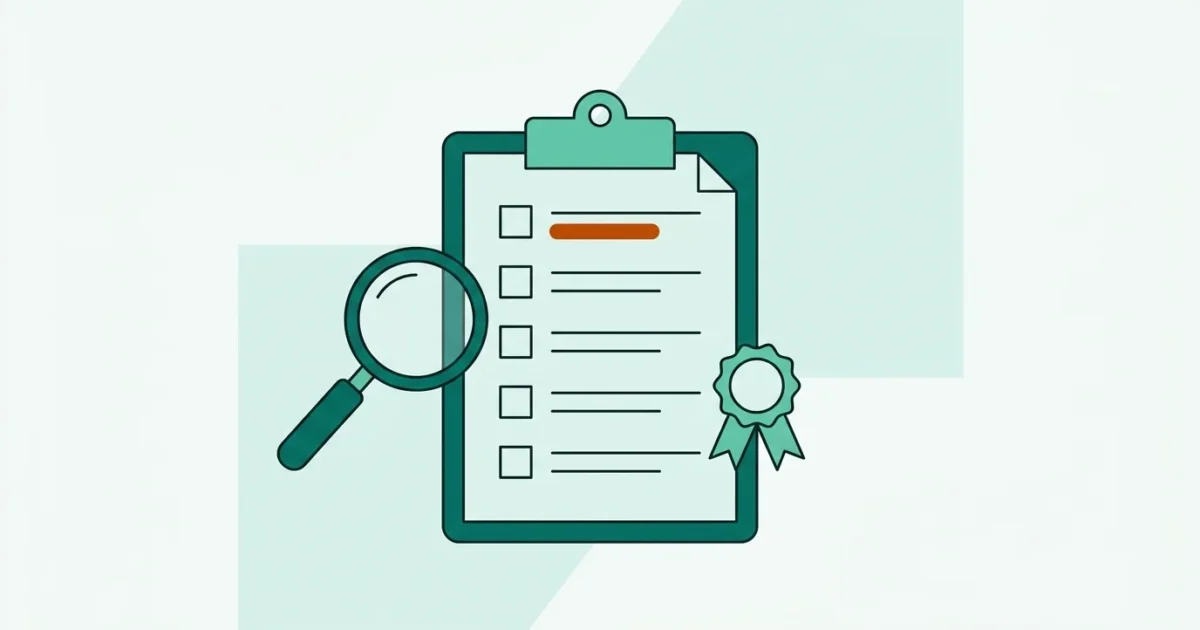 Illustration eines Klemmbretts mit Checkliste und Lupe als Symbol für die Prüfkriterien der Stiftung Warentest