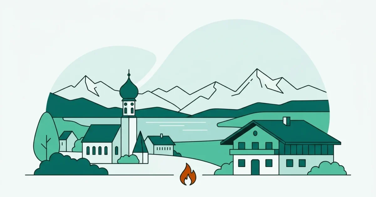 Illustration einer bayerischen Alpenlandschaft mit See und Zwiebelturmkirche als Symbol für den Gasvergleich in Bayern