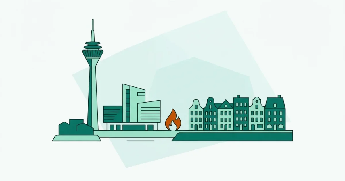 Illustration des Düsseldorfer Rheinturms mit Hafenarchitektur als Symbol für den Gasvergleich in Düsseldorf