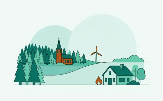 Illustration einer brandenburgischen Landschaft mit Kiefernwald, See und Dorfkirche als Symbol für den Gasvergleich in Brandenburg