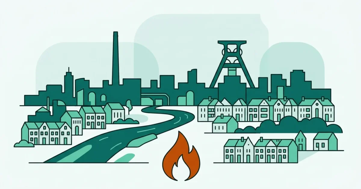 Illustration einer nordrhein-westfälischen Stadtlandschaft mit Fördergerüst und Reihenhäusern als Symbol für den Gasvergleich in NRW