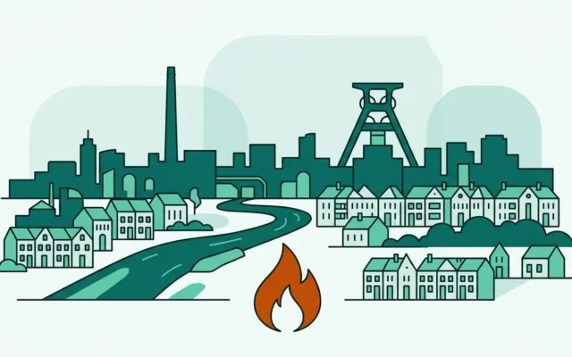 Illustration einer nordrhein-westfälischen Stadtlandschaft mit Fördergerüst und Reihenhäusern als Symbol für den Gasvergleich in NRW