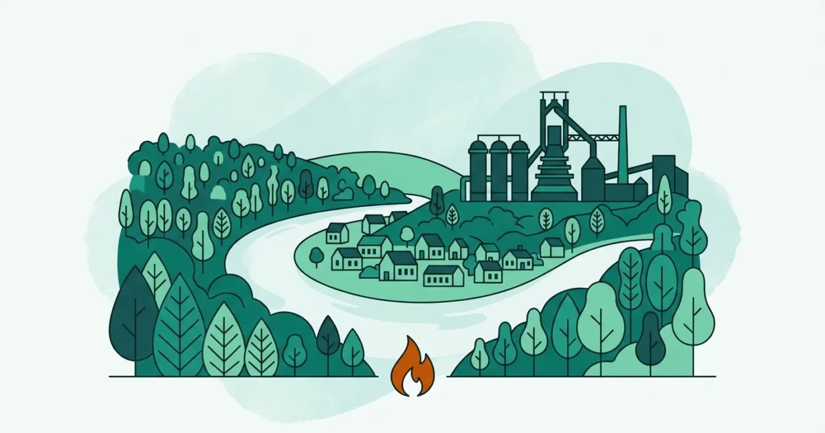 Illustration der Saarschleife mit ehemaligem Hüttenwerk als Symbol für den Gasvergleich im Saarland