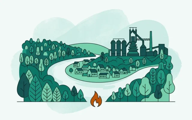 Illustration der Saarschleife mit ehemaligem Hüttenwerk als Symbol für den Gasvergleich im Saarland