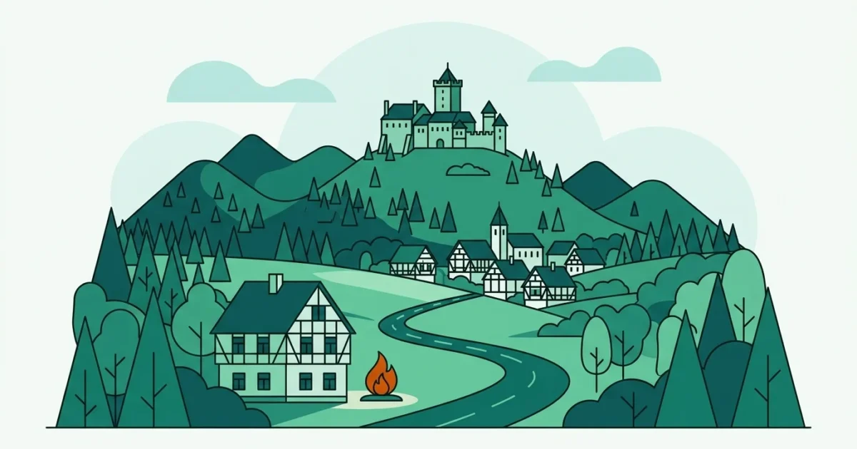 Illustration einer thüringischen Mittelgebirgslandschaft mit Burg und Fachwerkdorf als Symbol für den Gasvergleich in Thüringen