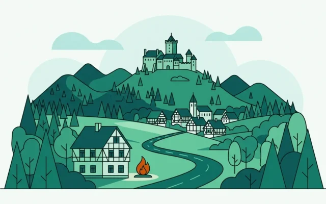 Illustration einer thüringischen Mittelgebirgslandschaft mit Burg und Fachwerkdorf als Symbol für den Gasvergleich in Thüringen