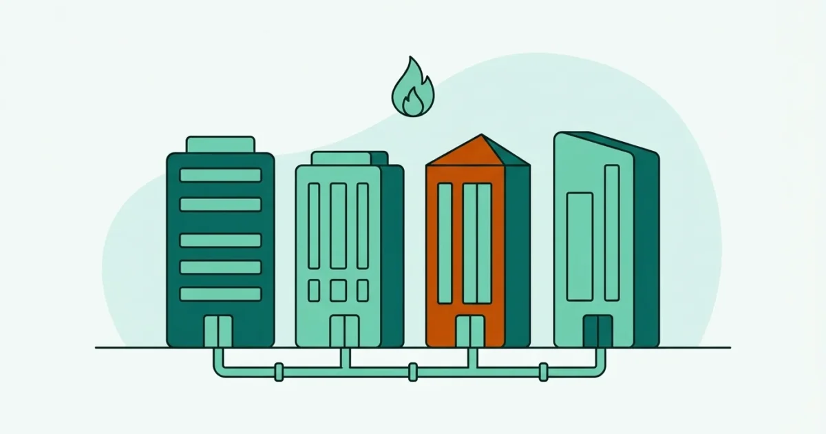 Illustration mehrerer Anbietergebäude nebeneinander mit Gasleitung als Symbol für den Vergleich von Gasanbietern