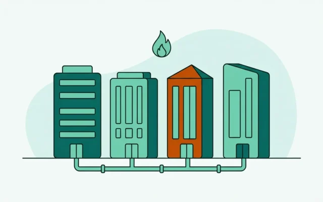 Illustration mehrerer Anbietergebäude nebeneinander mit Gasleitung als Symbol für den Vergleich von Gasanbietern