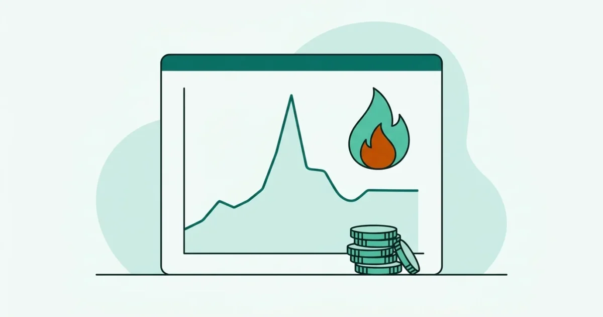 Illustration einer Preiskurve mit Hochpunkt und Flammensymbol als Symbol für die Entwicklung der Gaspreise